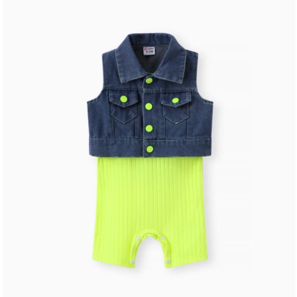 NWT 2pcs Baby Girl Rib-knit Romper and Button Up Front Vest Denim Jacket Set